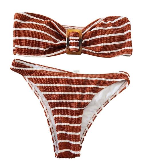 Size S Women's 2 Piece Strapless Swimsuit Striped Bandeau High Waisted Thong - Picture 6 of 9